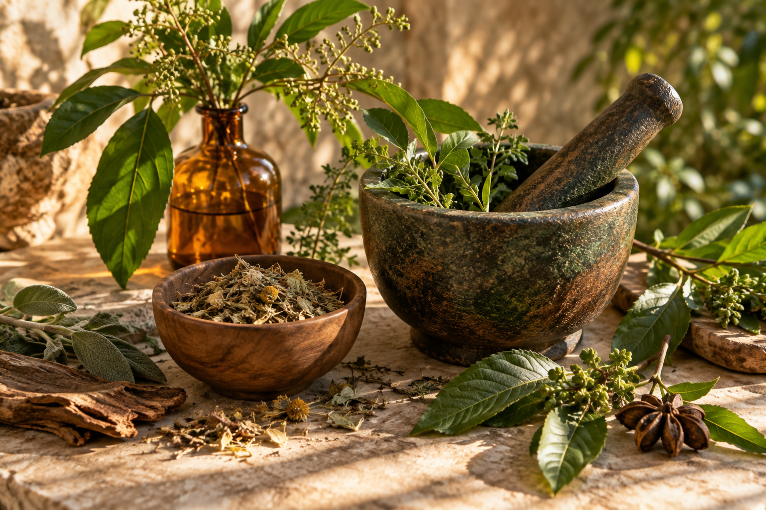 Conceptual still life of fresh leaves, dried botanicals and earthenware