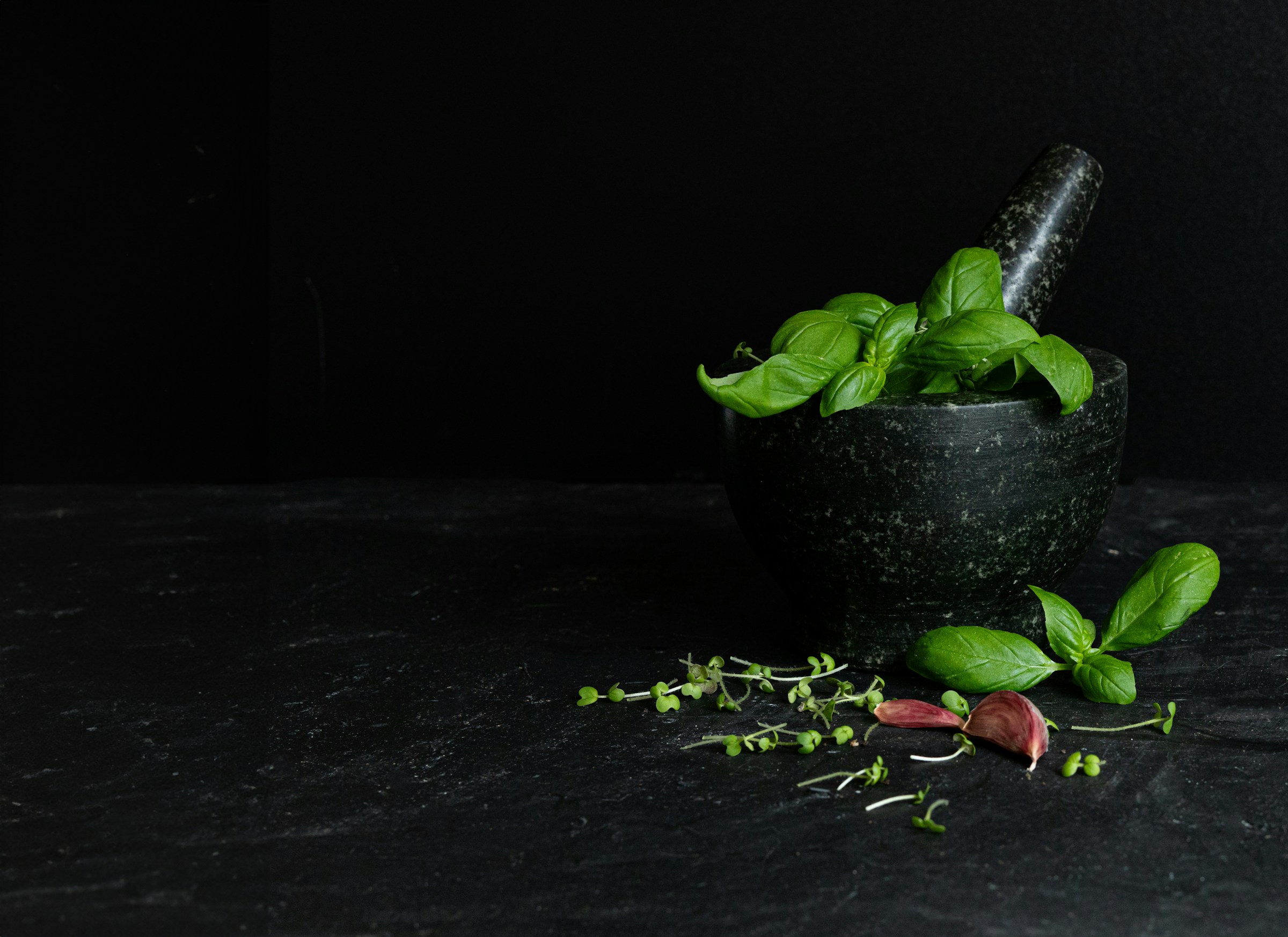 Fresh green herbs in a stone mortar, with thyme and garlic on a dark table